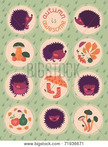 Autumn Poster With Hedgehogs
