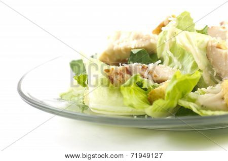 Chicken Caesar salad isolated on a white background with crutons and thick creamy dressing