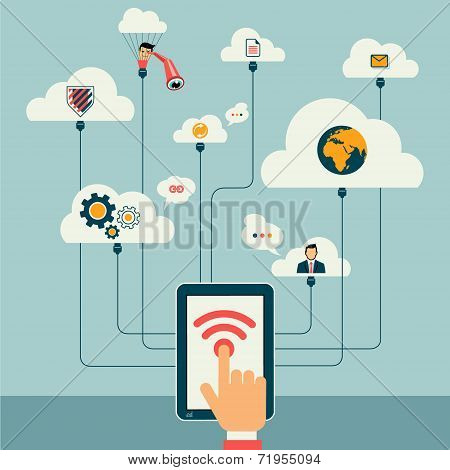 Cloud Computing Concept Design. Devices online connected to the cloud. Hand touching smartphone. Des