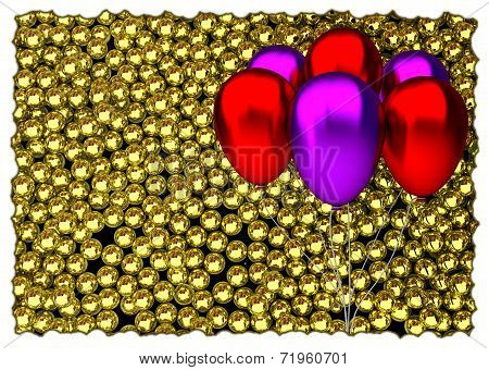 red and purple birthday balloons with glossy golden speres on background