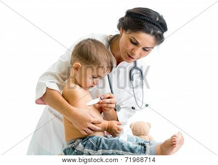 Doctor Measuring  Temperature Kid Isolated On White Background