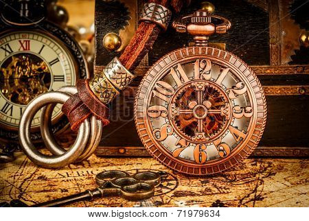 Vintage Antique pocket watch. Vintage grunge still life.