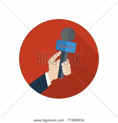 Press illustration. Microphone in a hand on a red circle