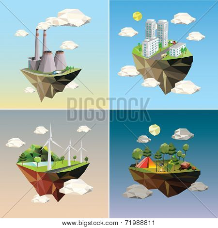 Eco island. Illustration of green energy for the house on a small plot of land.