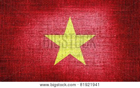 Vietnam flag on burlap fabric