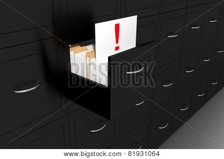 Opened Black File Cabinet White Document Exclamation Mark Illustration