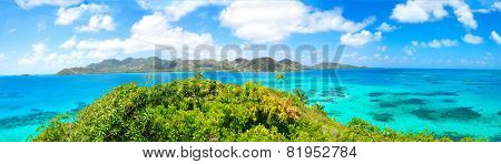Panorama, Huge Panoramic View Of Providencia Caribbean Island Of Colombia. Seven Color Sea, Reef, Cl