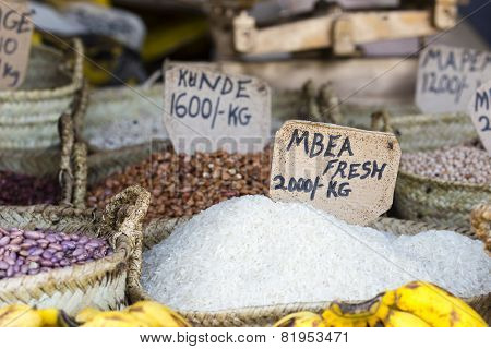Traditional food market in Zanzibar in Africa.
