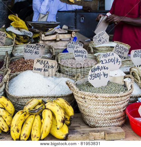 Traditional food market in Zanzibar in Africa.
