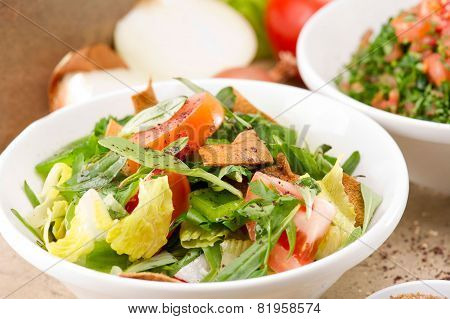 Plates of traditional Arabic salad fattouch and tabbouleh on a rustic background