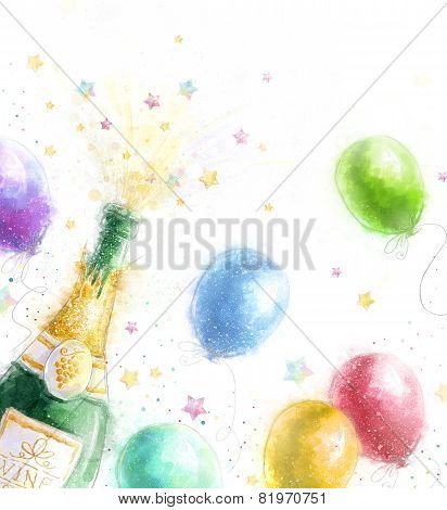 Champagne party. Celebration theme with splashing champagne balloons and stars.Happy Birthday.