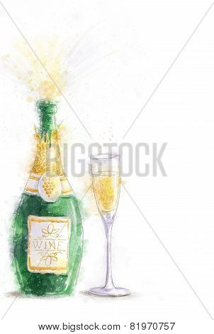Bottle of champagne with splashes isolated on white background with the glass.Party invitation.