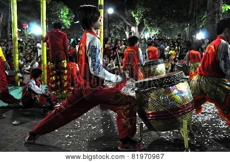 Musicians Playing On Drums During The Tet Lunar New Year In Saigon, Vietnam