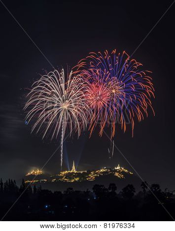 Colorful Firework Over Temple On Hill, Thailand