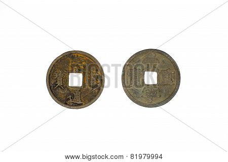 Ancient Chinese Bronze Coins On White Background