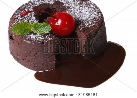 Chocolate Fondant With Cherries And Mint Closeup Isolated