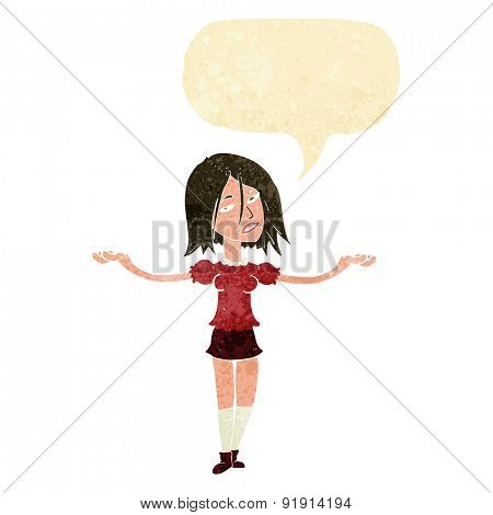 cartoon woman shrugging shoulders with speech bubble