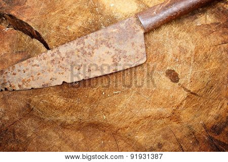 Wood Cutting Board And Rusty Knife
