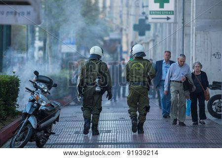 ATHENS, GREECE - CIRCA APR, 2015: Leftist and anarchist groups seeking abolition of new maximum security prisons, clashed with riot police, who responded with tear gas and stun grenades.