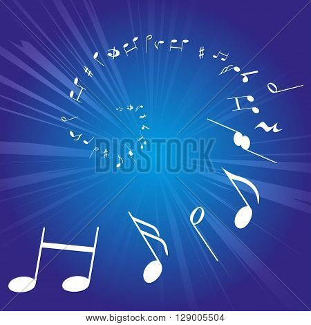 a moving illustration with the silhouettes of musical notes on blue