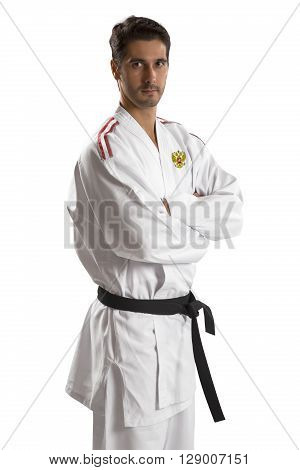 Russian judo fighter on a white background