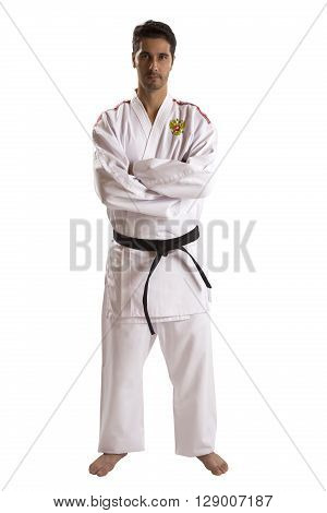 Russian judo fighter on a white background