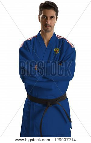 Russian judo fighter on a white background
