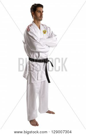 Russian judo fighter on a white background