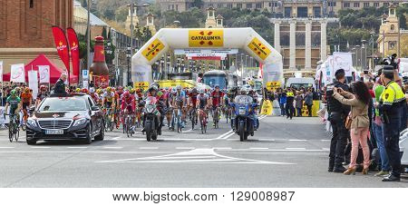Barcelona Spain - March 27 2016: The peloton at the start of the last stage of Volta Ciclista a Catalunya 2016 in Montjuic Bracelona Spain on March 27 2016.