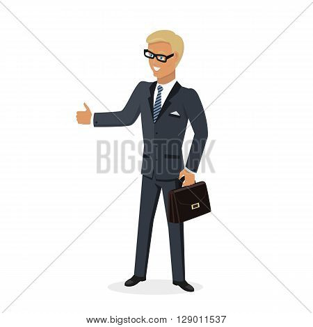 Businesman show gesture thumb up. Young successful man in glasses do business hand gesture shows good job isolated on white background. Approval of the praise and agreement. Vector illustration