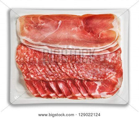 Tray Packaged of Presliced Ham Salami coppa top view