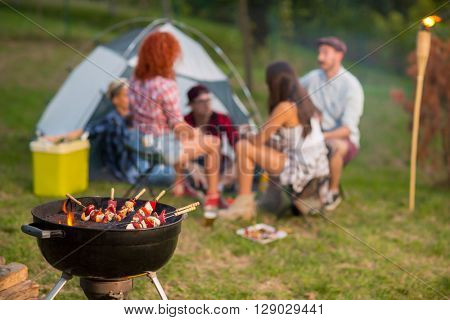 Evening in campground, close up of grill with skewers in forest