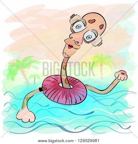 Giraffe on vacation. On his neck is a lifeline for safe swimming