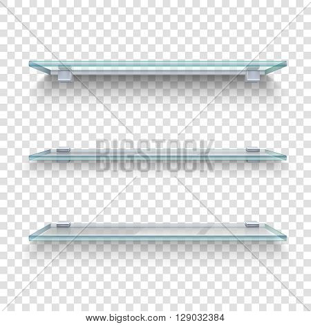 Three alike glass shelves on transparent grey and white plaid background realistic vector illustration