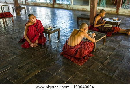 Bago Myanmar - January 11 2012: Young monks in a monastry on the outskirts of the city
