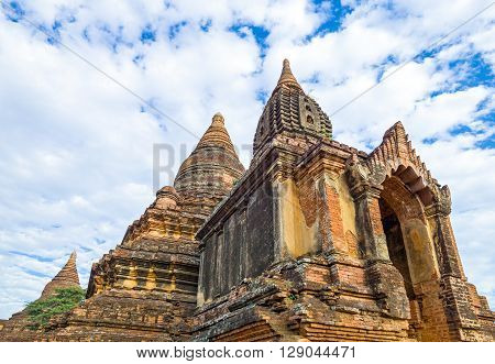 Myanmar, Bagan, the plain with thousand of 880-year old temple, ruins detail.