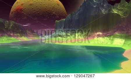 Rocks and lake. Landscape of stranger planet. 3D illustration