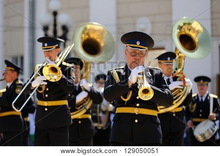 Orel Russia - May 9 2016: Celebration of 71th anniversary of the Victory Day (WWII). Military brass band playing outdoors closeup