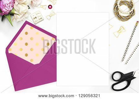 Woman desktop, template card, Mock up for your photo or text Place your work. Peonies and gold stationery. Gold Polka. Header website or Hero website. Flat lay