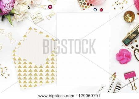 Woman desktop, template card, Mock up for your photo or text Place your work. Peonies and gold stationery. Gold Polka. Header website or Hero website