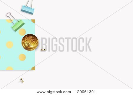 Background mock up. Hero and header for site. Flat lay. Stationery golden. Feminine scene. Woman modern desk top. Elegant background. Mint with gold polka dots pattern Flat lay.