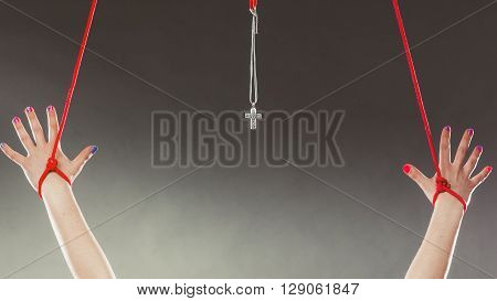 Tied Hands. Human Forced To Pray. Fake Faith.