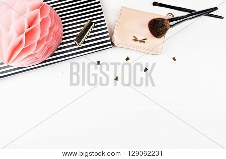 Desktop woman fashion | Styled stock photography | Modern woman desk | Makeup | Flat lay