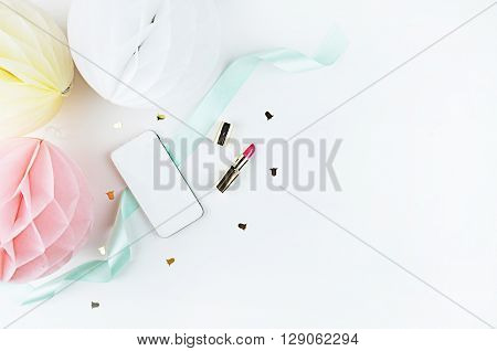 Desktop woman fashion | Styled stock photography | Modern woman desk | Glamour style |. Flat lay. Paper balls. Phone on the table