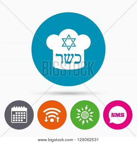 Wifi, Sms and calendar icons. Kosher food product sign icon. Natural Jewish food with star of David and Chef hat symbol. Go to web globe.