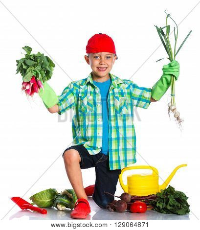 Cute preschool boy gardener. Isolated on the white background