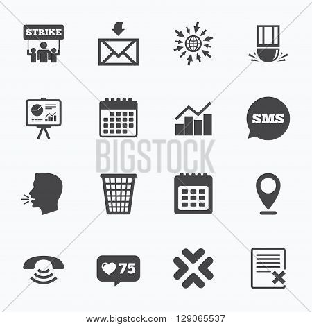 Calendar, go to web and like counter. Office, documents and business icons. Call, strike and calendar signs. Mail, presentation and charts symbols. Sms speech bubble, talk symbols.