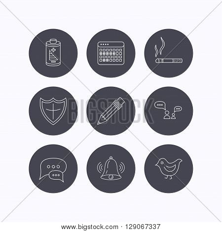 Battery, pencil and protection shield icons. Dialog chat, bell rings and vacation calendar linear signs. Bird, smoking allowed icons. Flat icons in circle buttons on white background. Vector