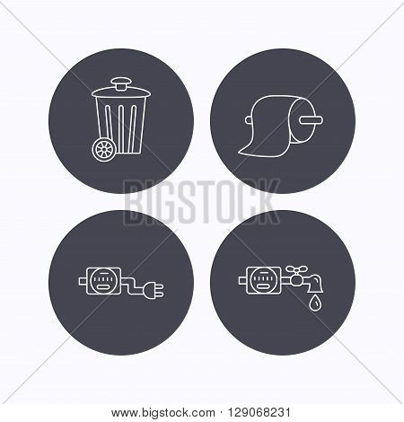 Trash bin, electricity and water counter icons. Toiler paper linear sign. Flat icons in circle buttons on white background. Vector