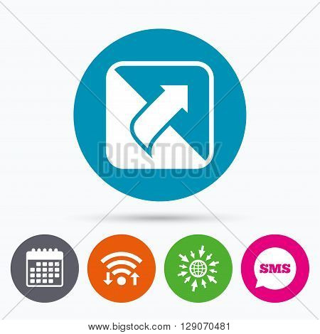 Wifi, Sms and calendar icons. Turn page sign icon. Peel back the corner of the sheet symbol. Go to web globe.